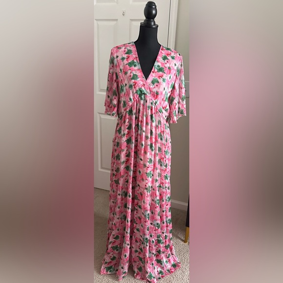 Pink and Green Maxi Dress with Flutter Sleeves and V-Neck - Picture 1 of 5